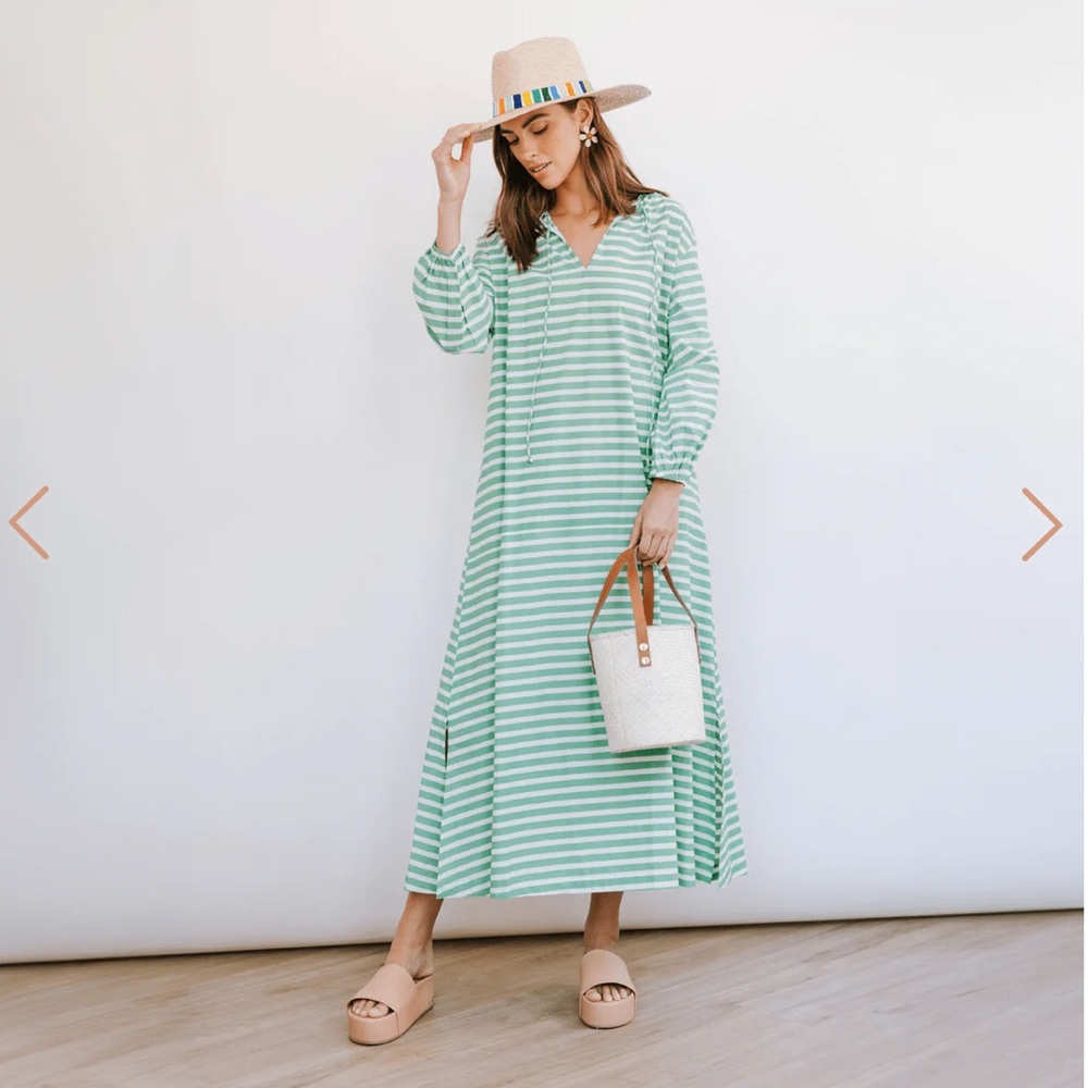 Striped Mint Maxi Dress with V-Neck